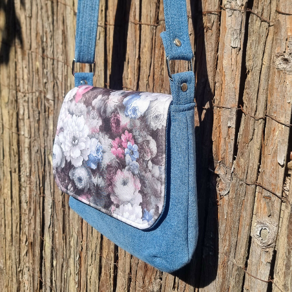 Upcycled mini messenger bag - denim & dusty flowers