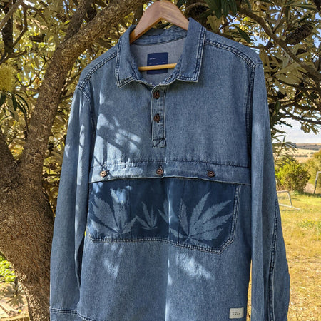 Wearable Art - Hemp Cyanotype Art on Denim Shirt