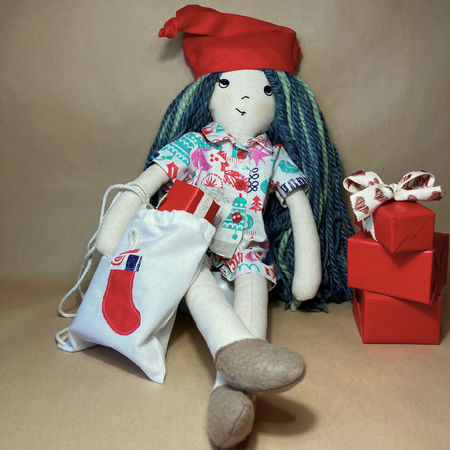 Christmas Play Suit with Hat and Gift Bag| Sage| Handmade Cloth Doll | 53cm/21 Inches