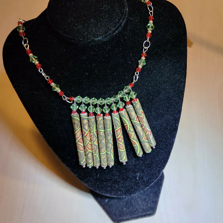 Beaded necklace. Paper bead and crystal Necklace. Red and green.