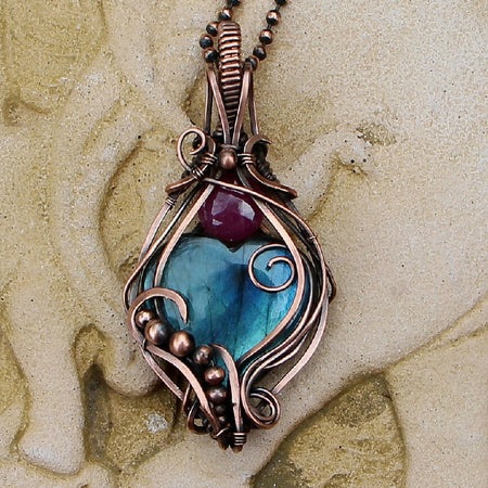 Blue Labradorite heart with Pink Sapphire in Copper