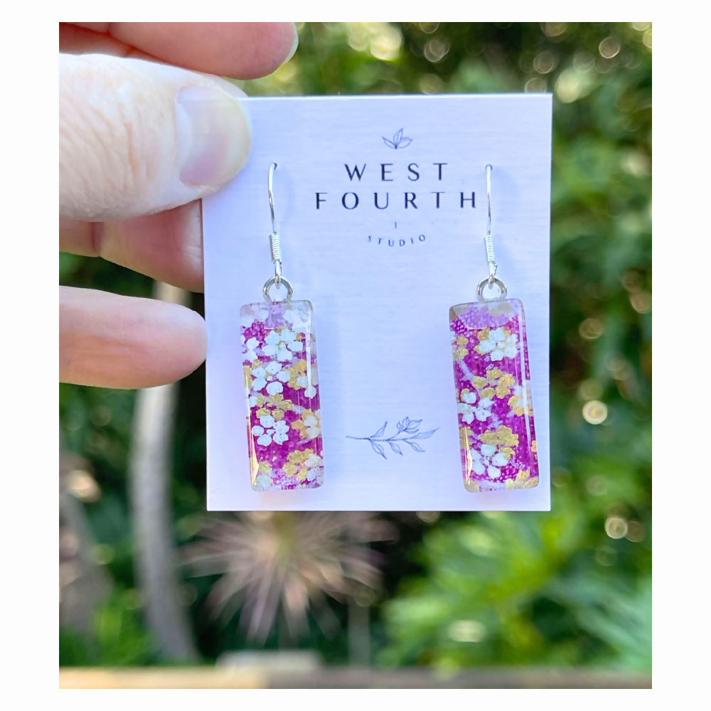 Purple with White Flowers Earrings • Japanese Paper, Resin and Glass