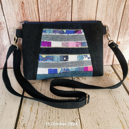 Upcyled multicolour denim & fabric patched crossbody bag