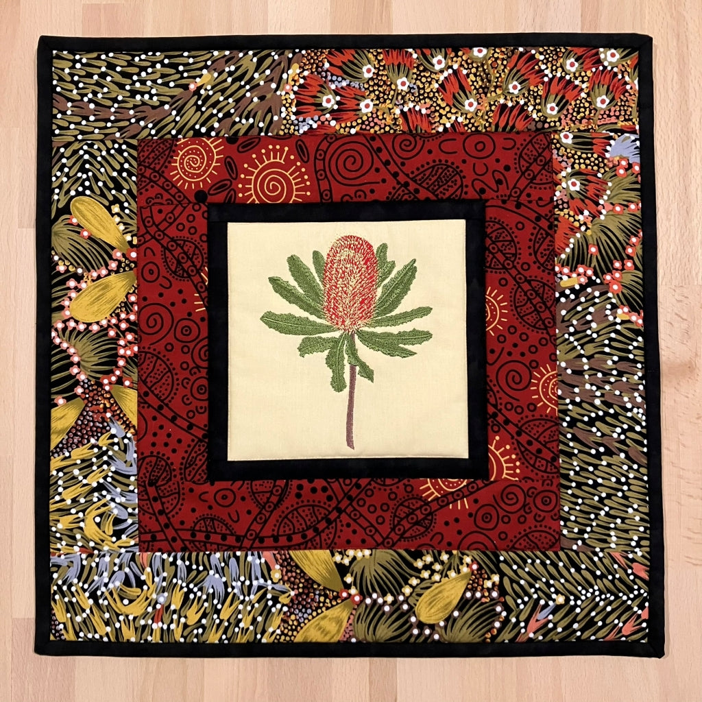 handmade Australian native quilted - banksia (red)