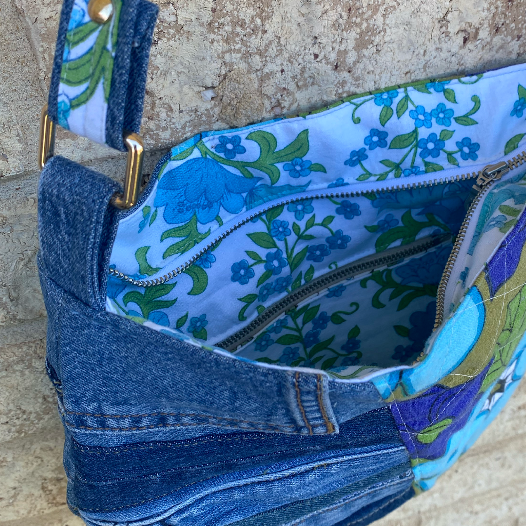 Handmade Shoulder Bag Upcycled Vintage Retro - Blue Bloom