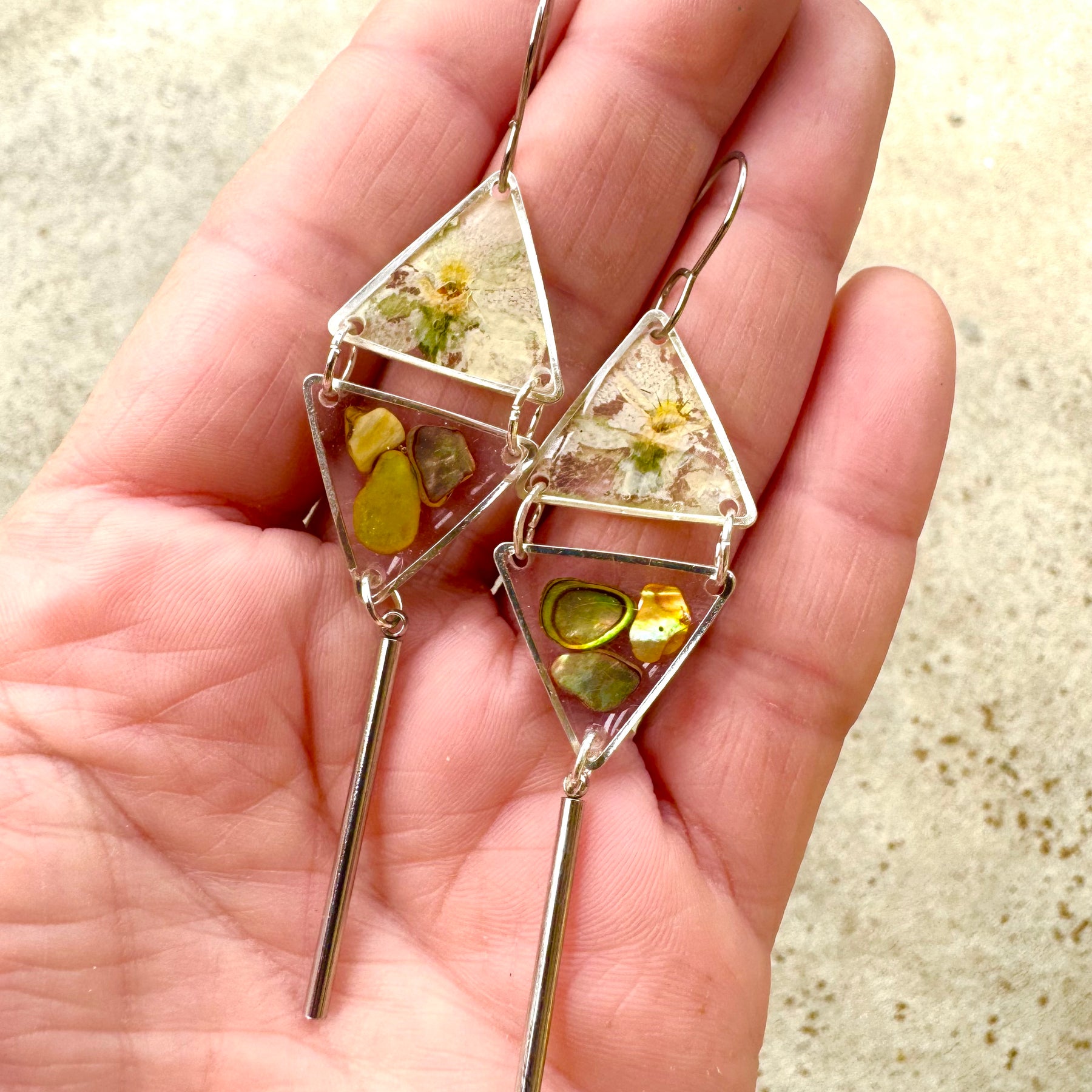 Double triangle cowrie shell and pressed flower resin earrings