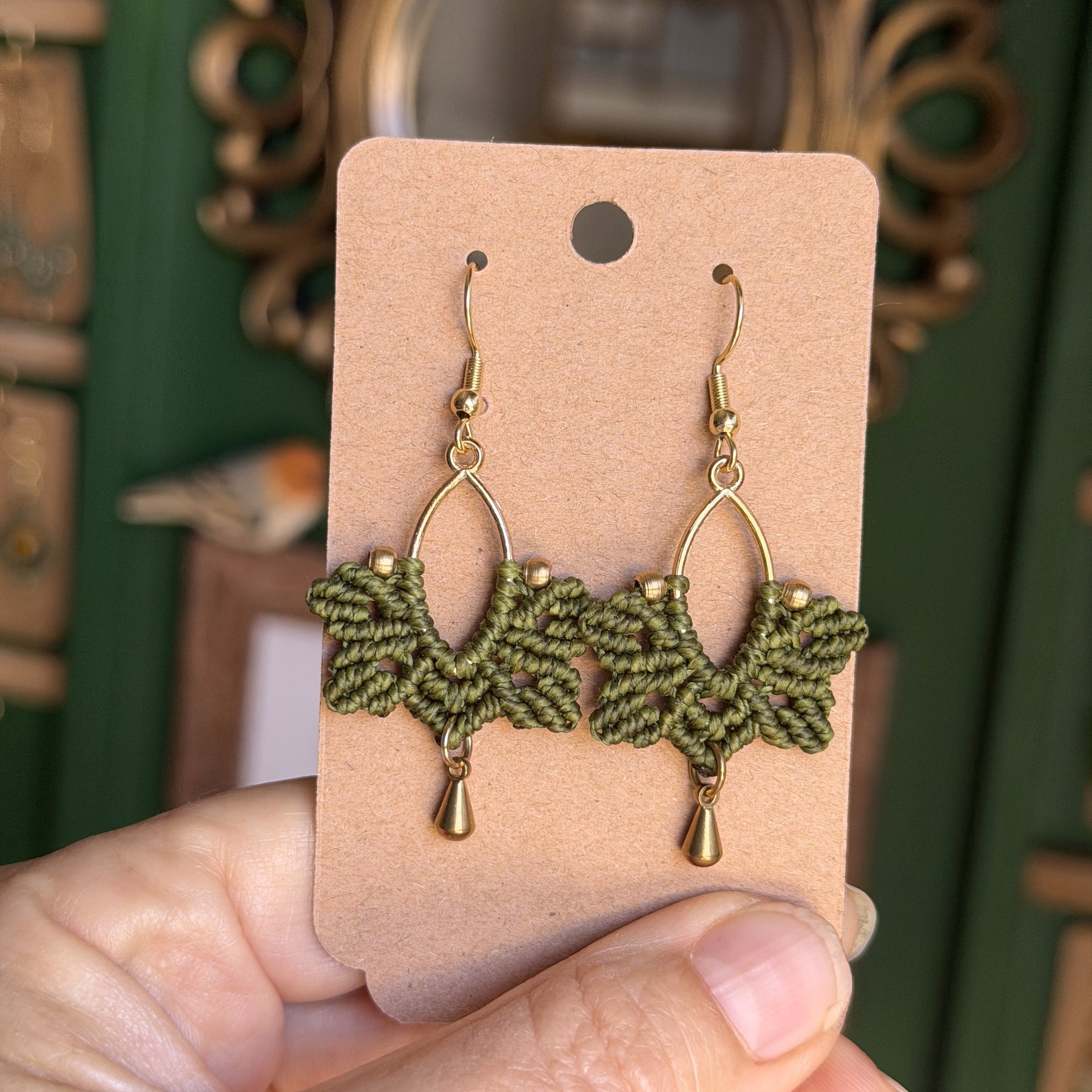 Macrame Brass Elipse Hoop with Leaf - earthy forest fae collection
