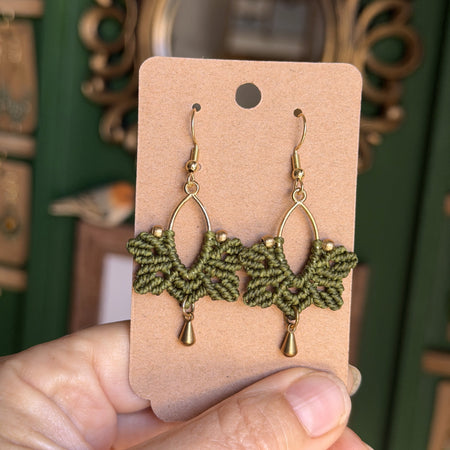 Macrame Brass Elipse Hoop with Leaf - earthy forest fae collection