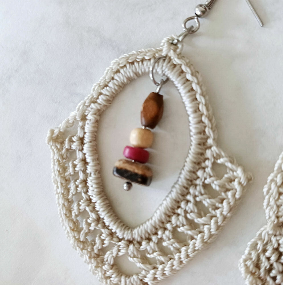 Cream Earrings with Wood Beads