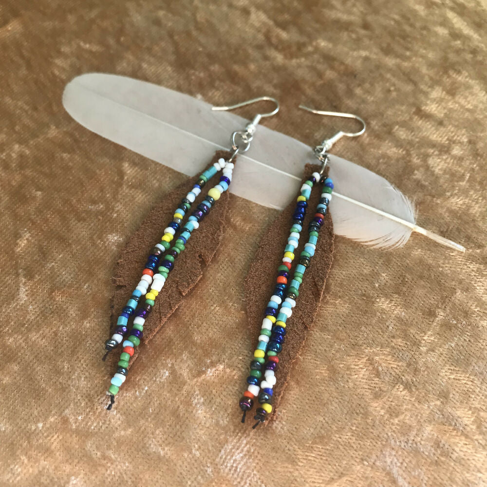 Light Brown Leather Feather Earrings with 2 x Bead Strands