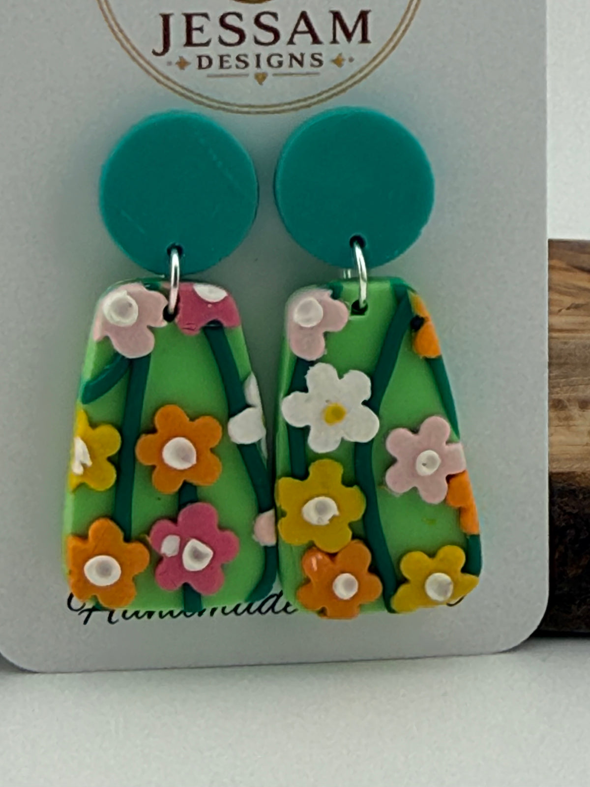 Handmade Colourful Floral Polymer Clay Dangle Earrings – Green & Teal