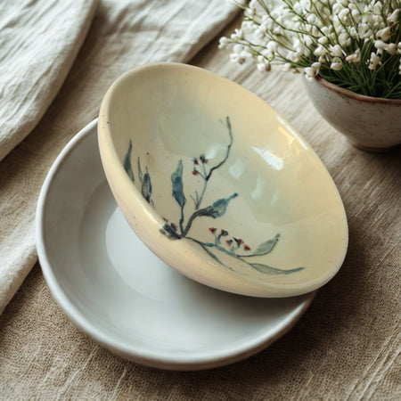 Hand painted floral gumnut design ceramic dish. 13.5cm