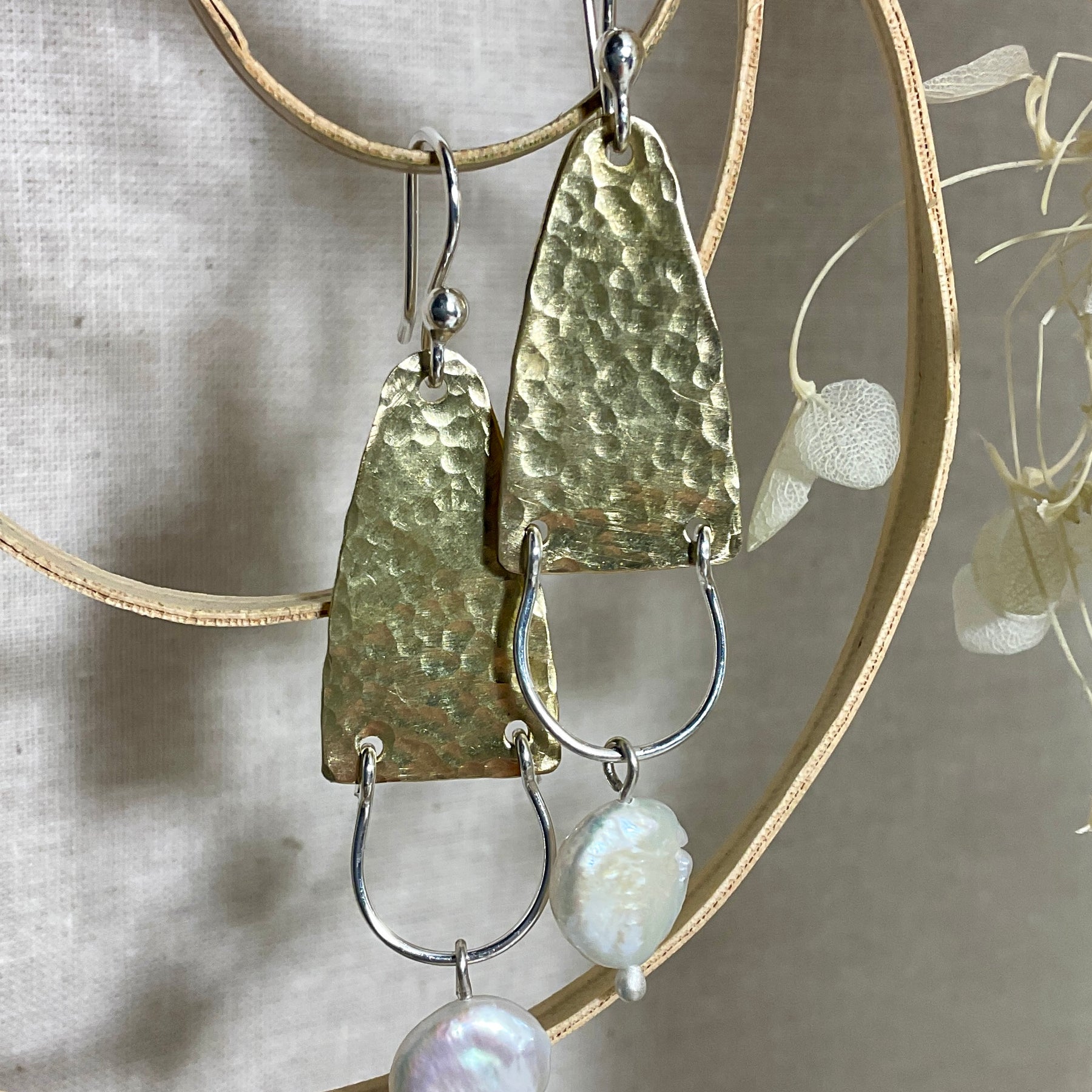 Brass, argentium silver and pearl earrings