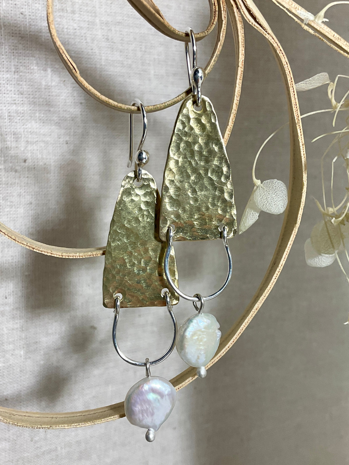 Brass, argentium silver and pearl earrings