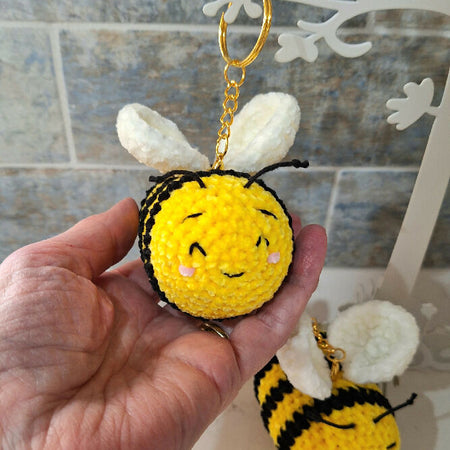 crocheted yellow velvet bee keychain or bag tag