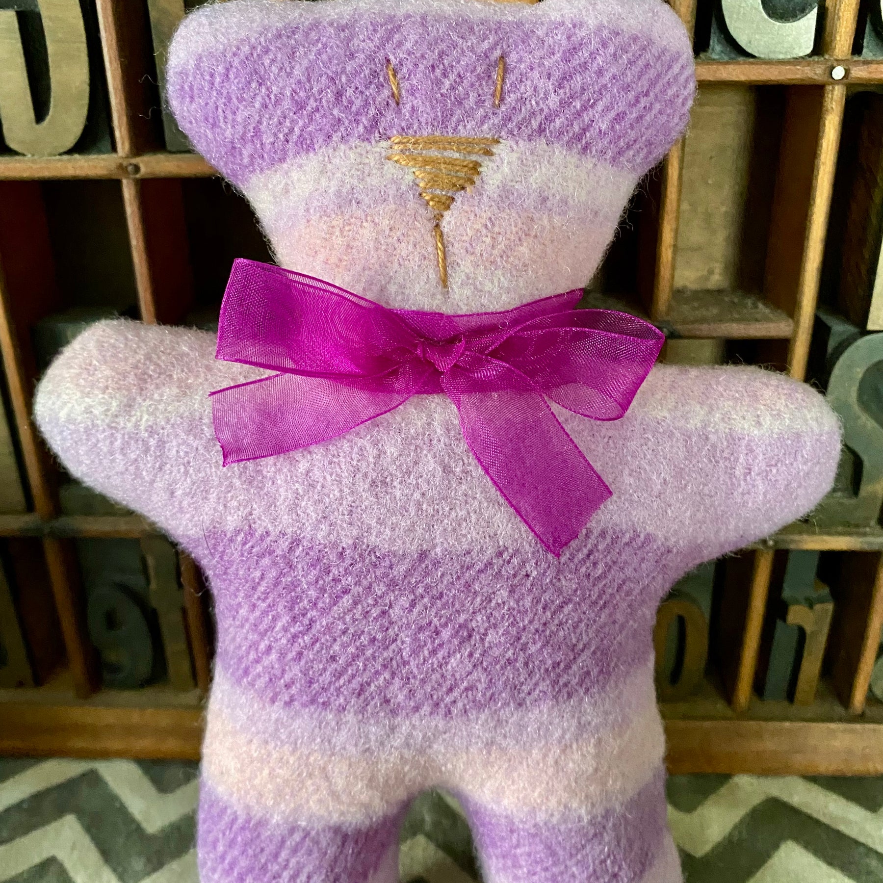 Upcycled Woollen Blanket Teddy Softie - Purple stripe