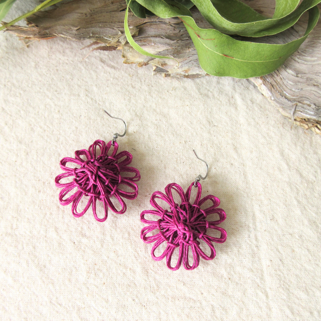 Meadow Bloom | Magenta Handmade Flower Earrings with Choice of Gemstone | Woven Bloom Tales Collection