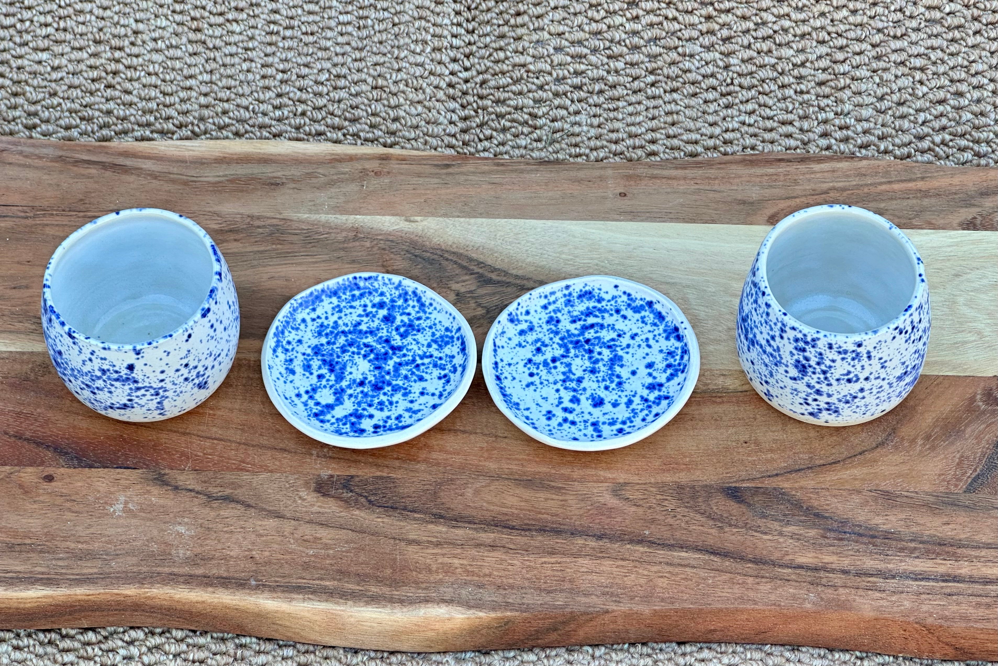 Blue and White Tumbler/Coaster Set | Handmade Ceramic Cups with Matching Coasters