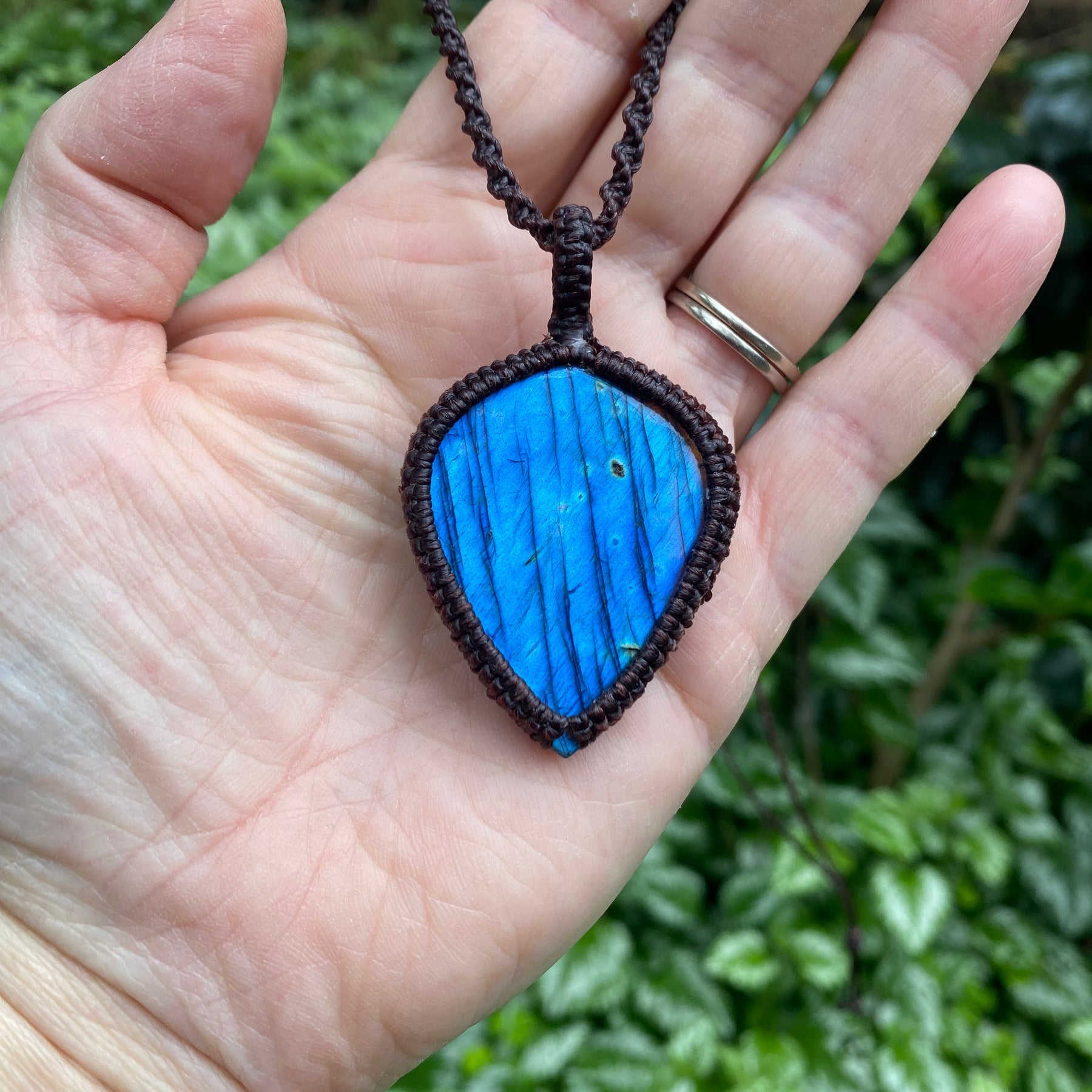 Labradorite Pendant: Blue flash Beaded Macrame, Adjustable Boho Gift