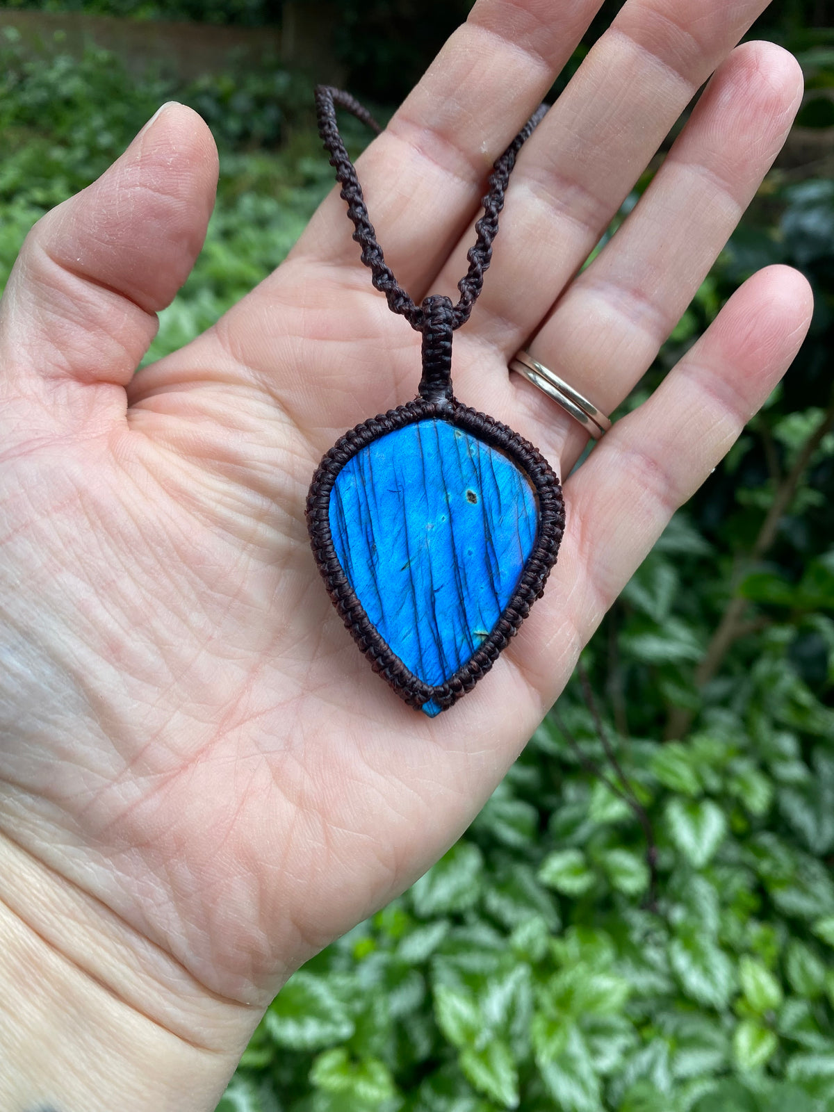 Labradorite Pendant: Blue flash Beaded Macrame, Adjustable Boho Gift