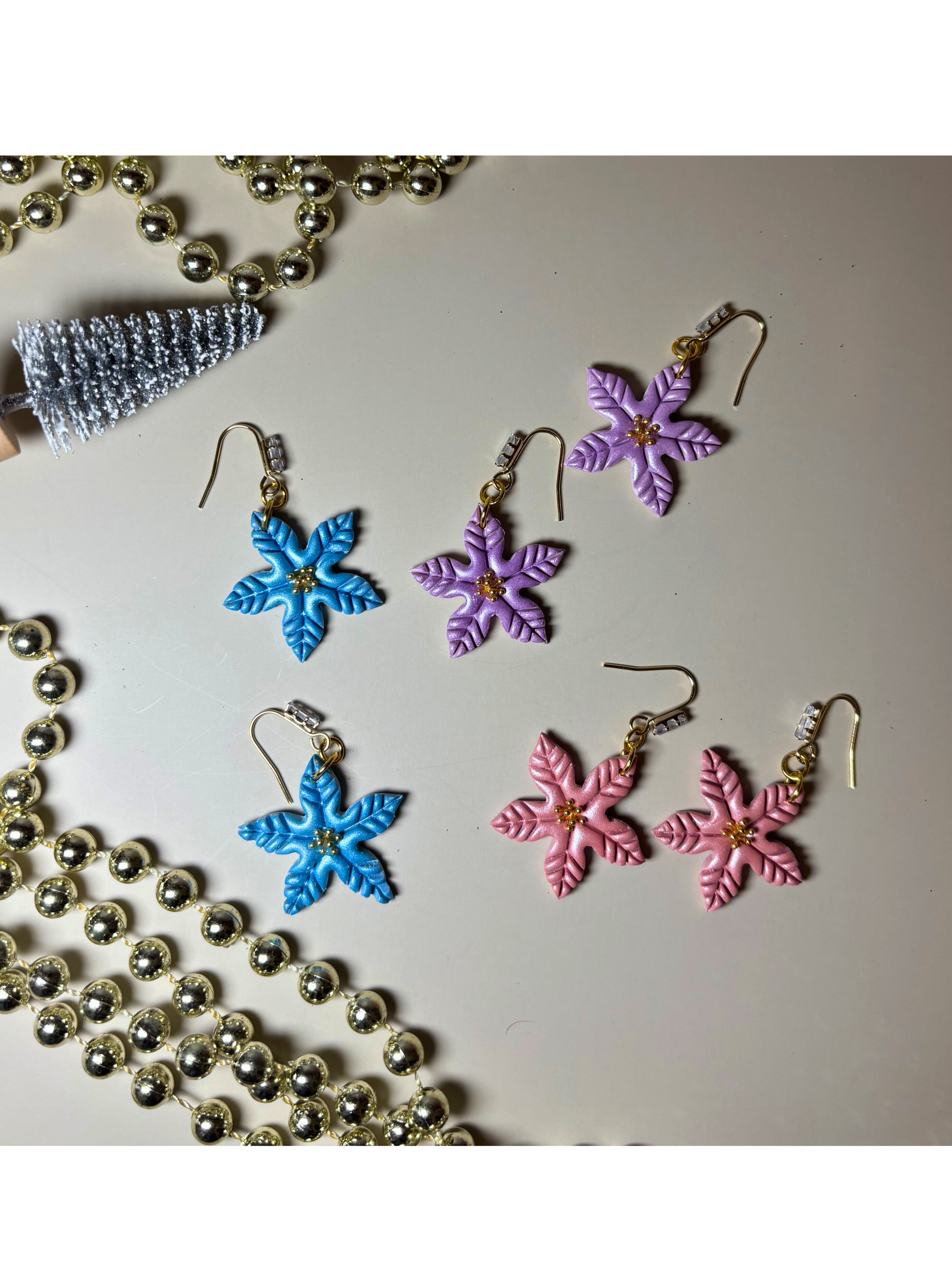 Pastel Poinsettia Dangle Earrings – Handmade Polymer Clay Jewellery