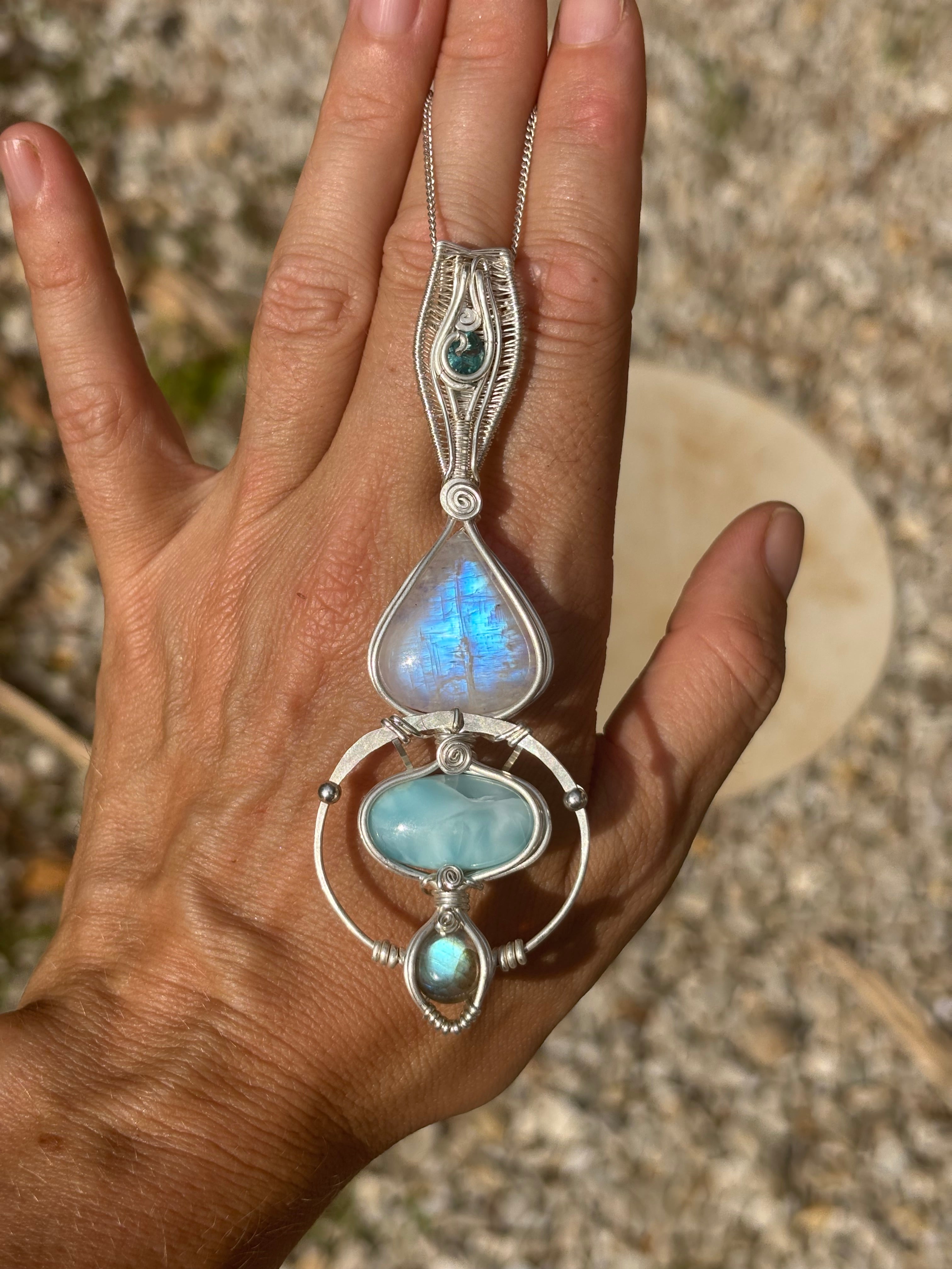 Moonstone, Topaz, Larimar, Labradorite Crystal pendant in silver