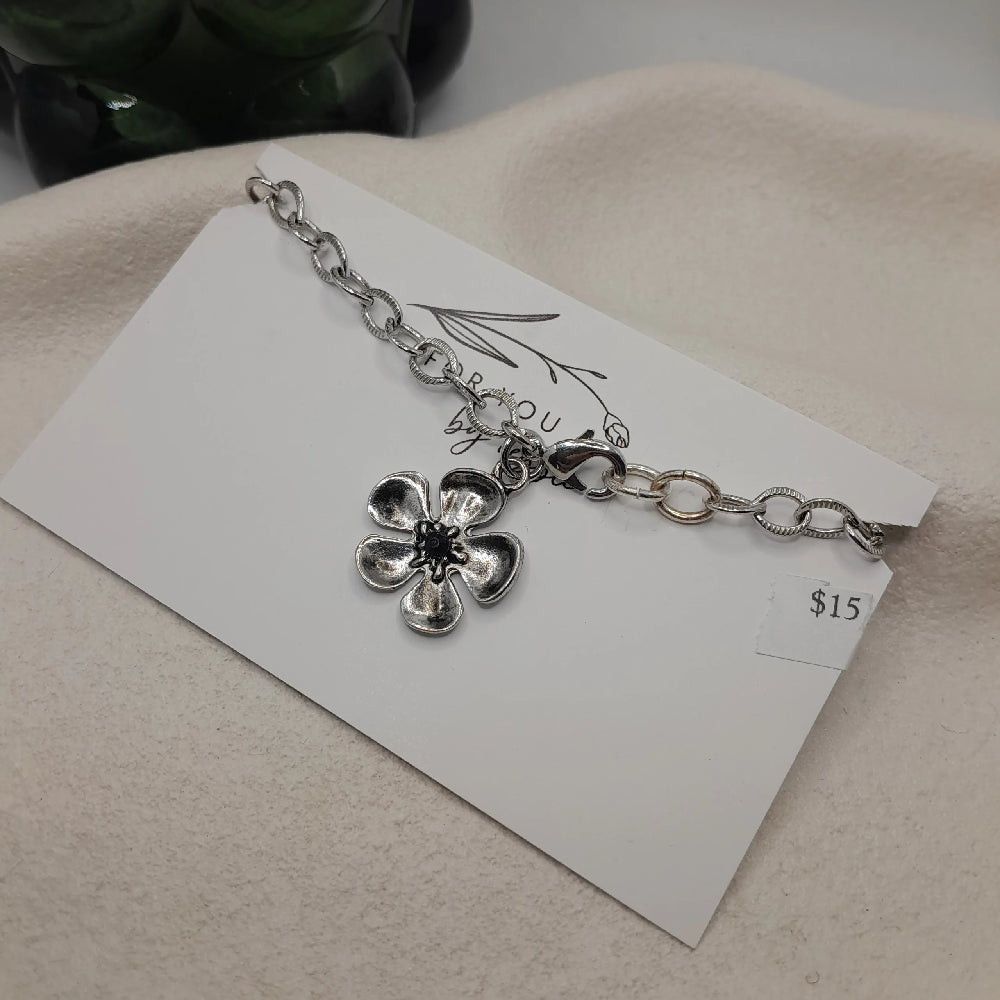 Flower charm silver chain bracelet- upcycled