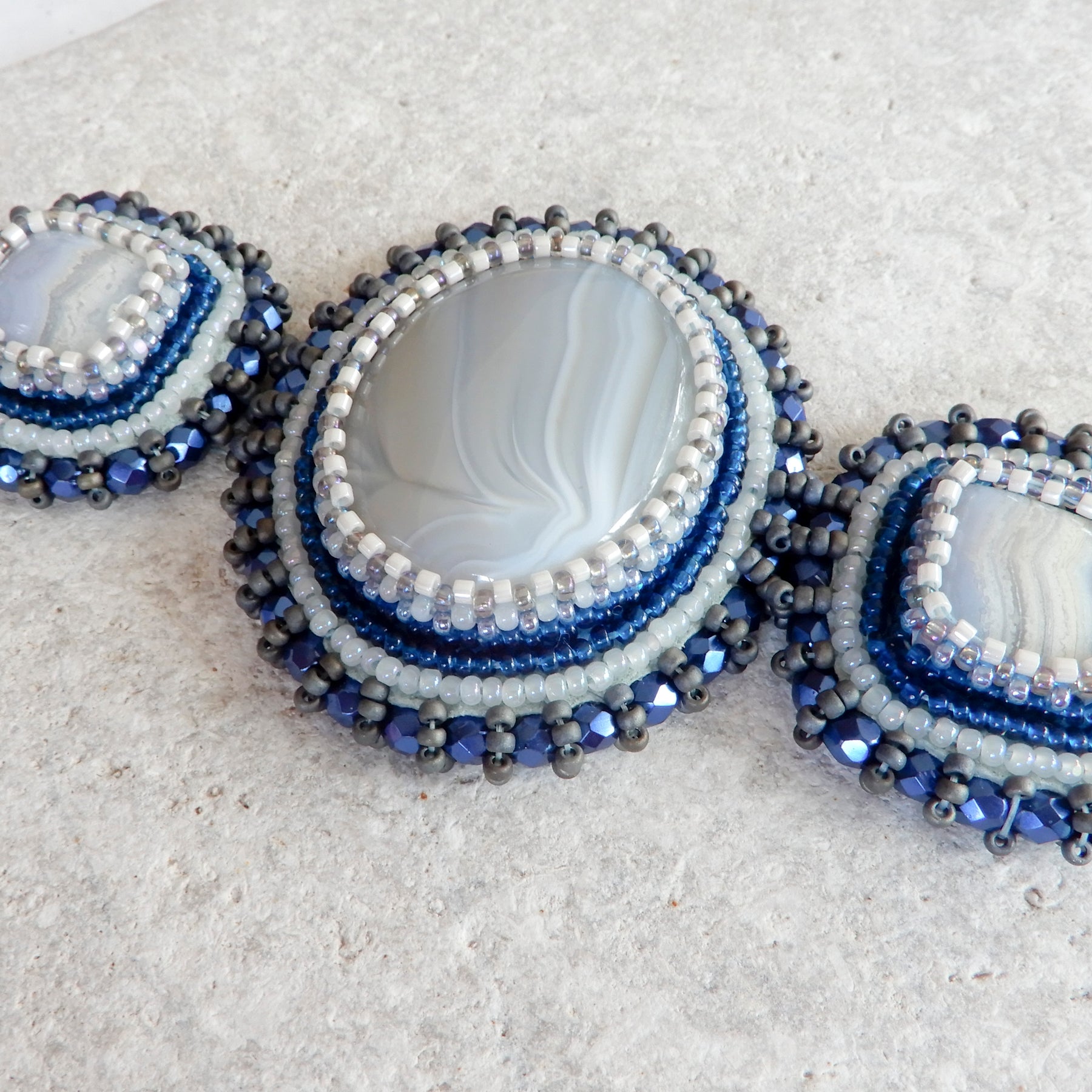 Bead Embroidered Lace Agate Gemstone Pendant