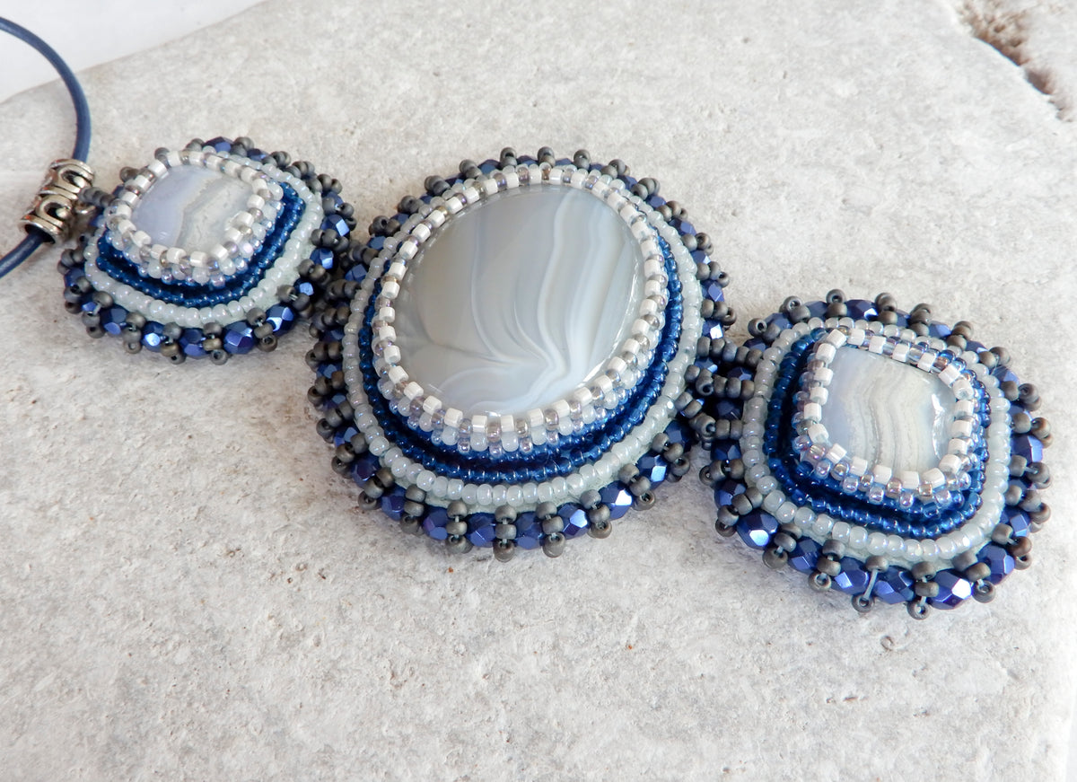 Bead Embroidered Lace Agate Gemstone Pendant