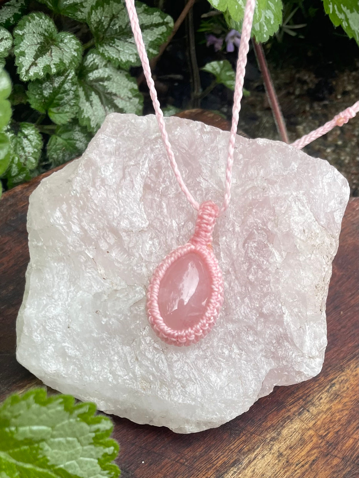 Rose Quartz, Pink gemstone macrame necklace, adjustable