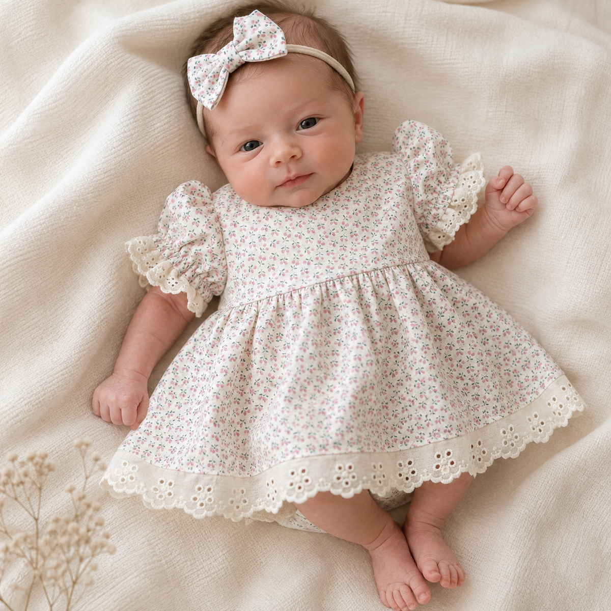 Tiny Rose Bud Baby Short Sleeve Tea Party Dress (SIZES 0000-000)