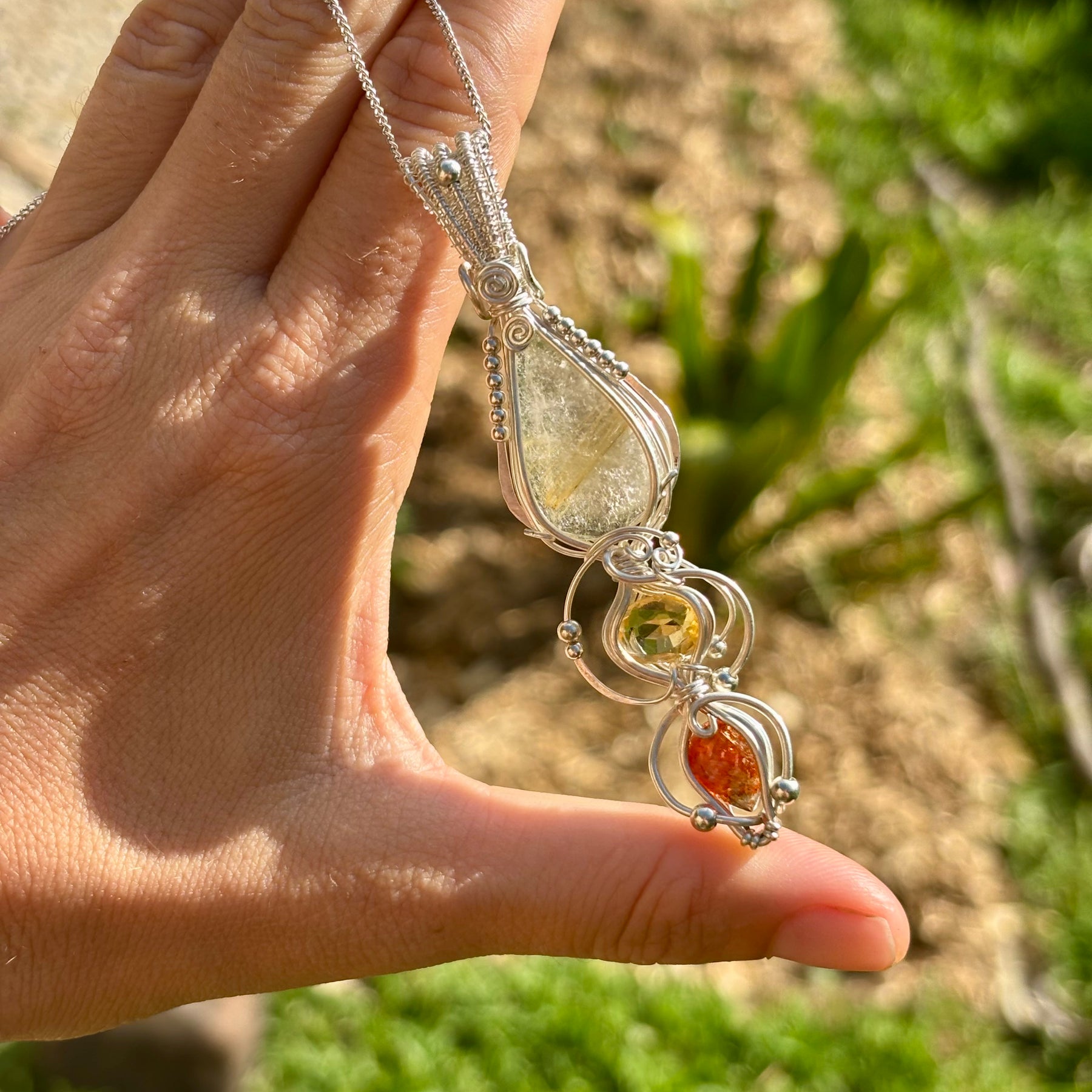 Citrine, Sunstone, Rutilated Quartz Crystal Pendant wire wrap