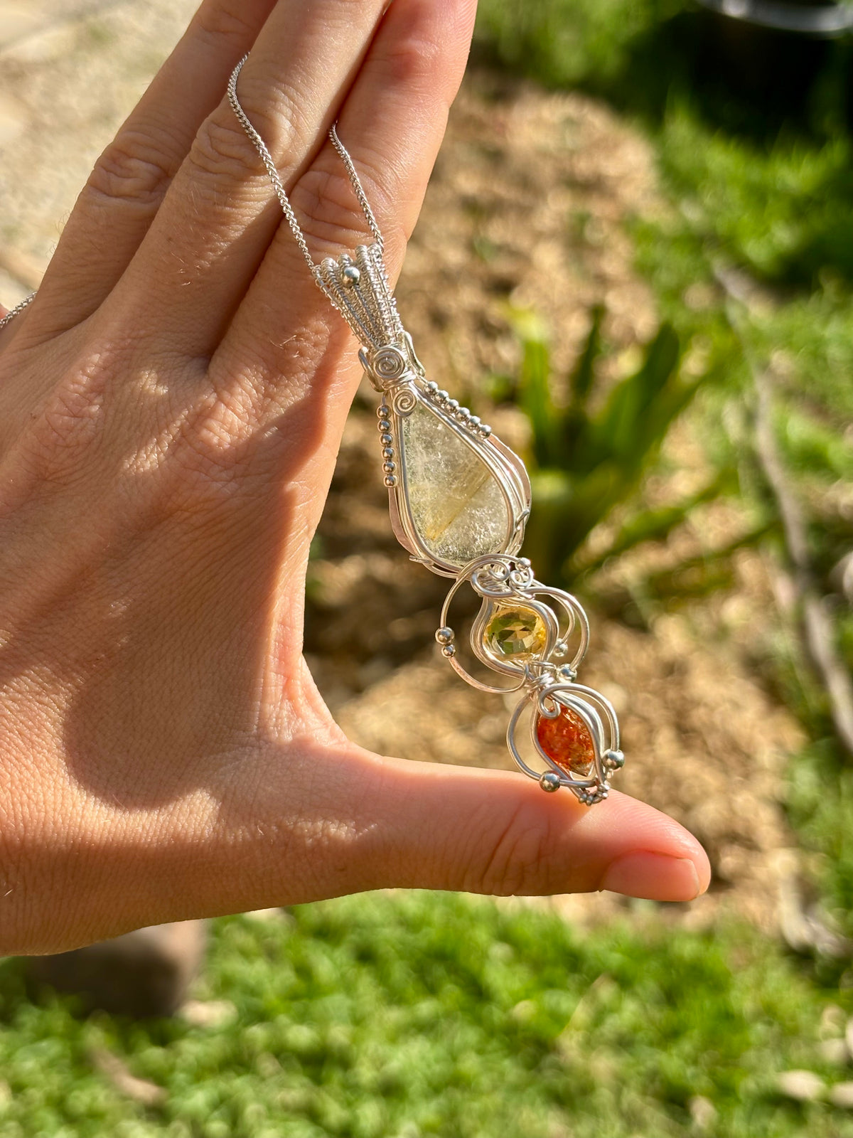 Citrine, Sunstone, Rutilated Quartz Crystal Pendant wire wrap