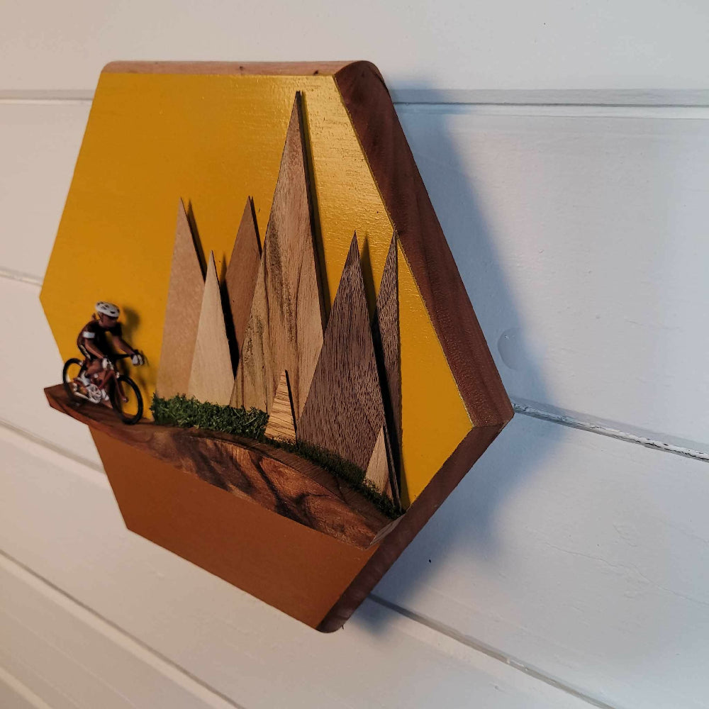Wooden Frame-less wall art of cyclist road bike racer mountains,