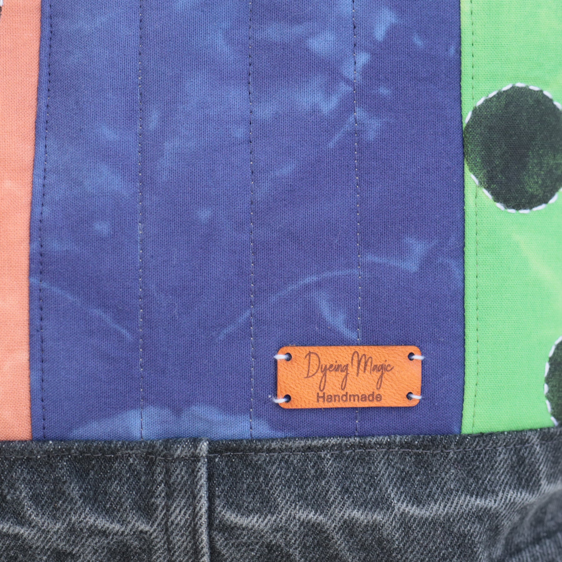 Tote Bag, Hand Dyed with upcycled denim and stenciled motifs