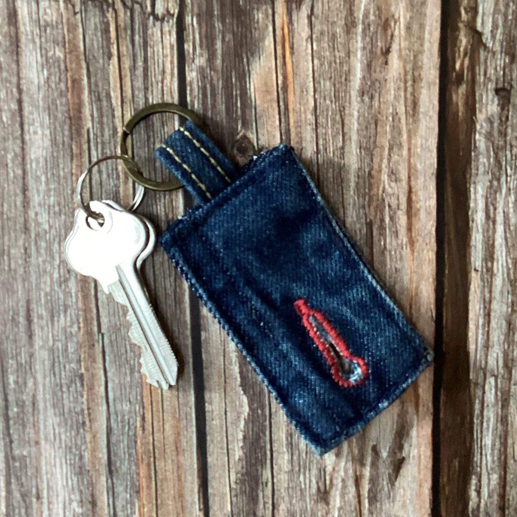Upcycled Denim Key Ring Fob – Red Stitching
