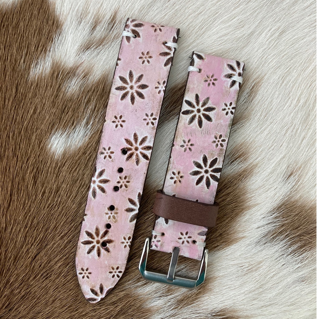 Leather embossed watch band - pretty pink with daisies