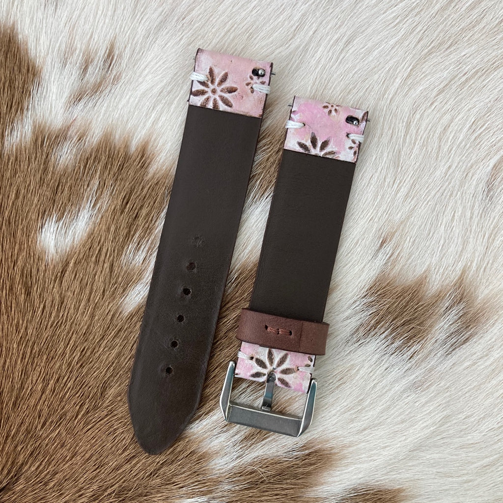 Leather embossed watch band - pretty pink with daisies