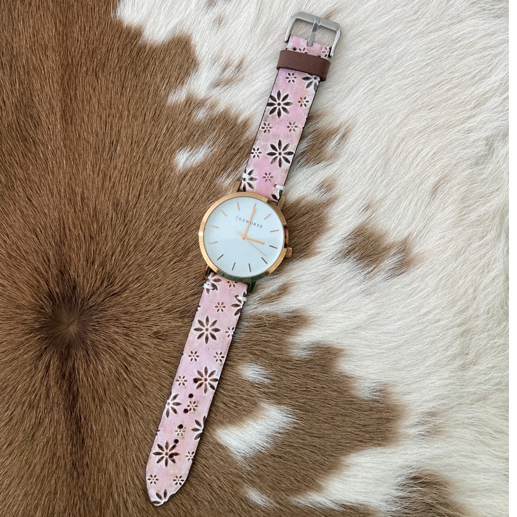 Leather embossed watch band - pretty pink with daisies