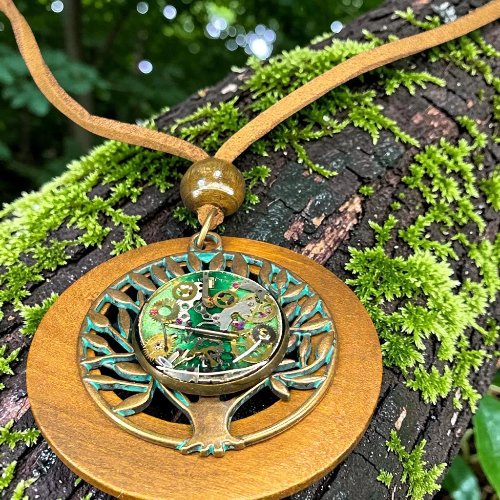 Steampunk watch parts tree of Life pendant with wood/leather