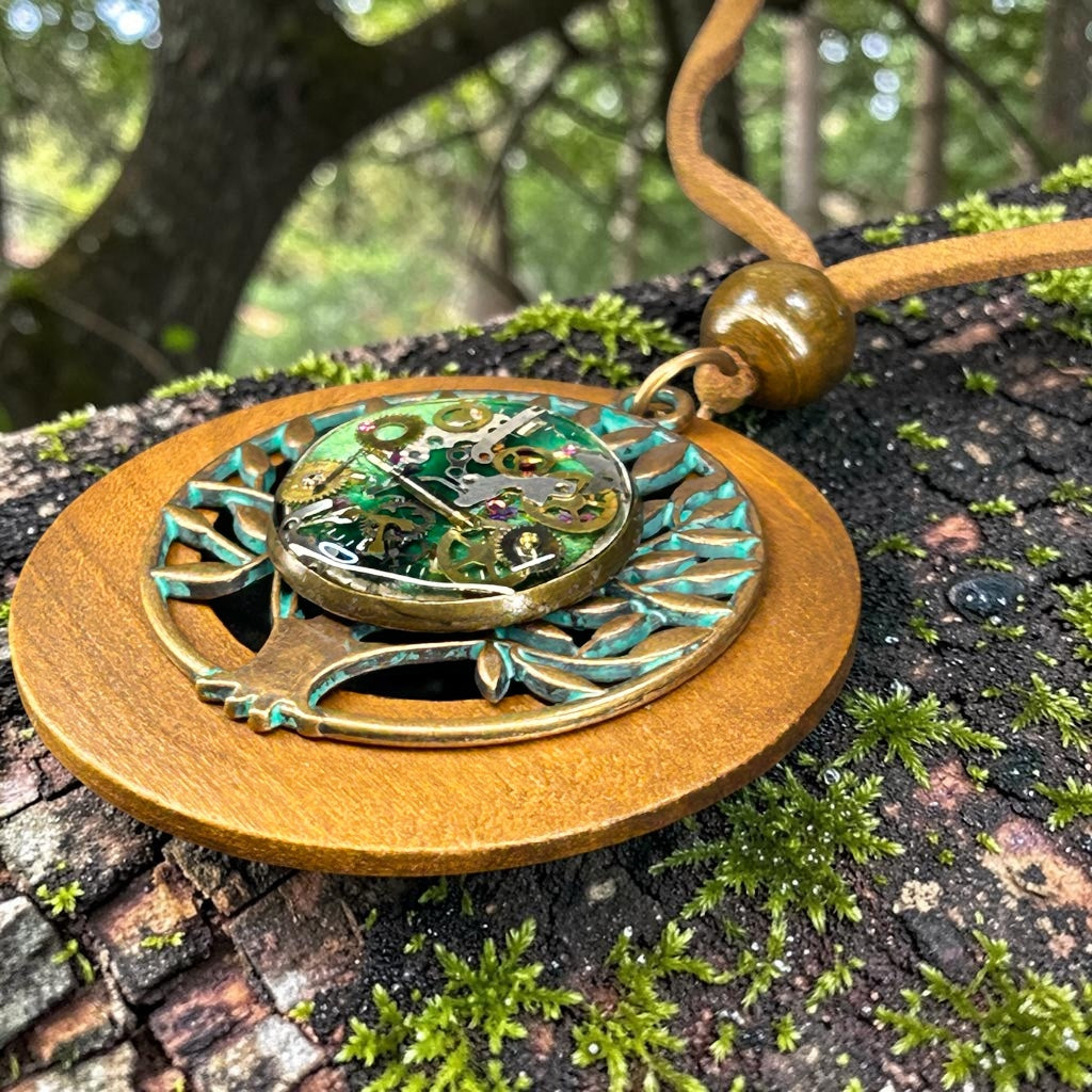 Steampunk watch parts tree of Life pendant with wood/leather