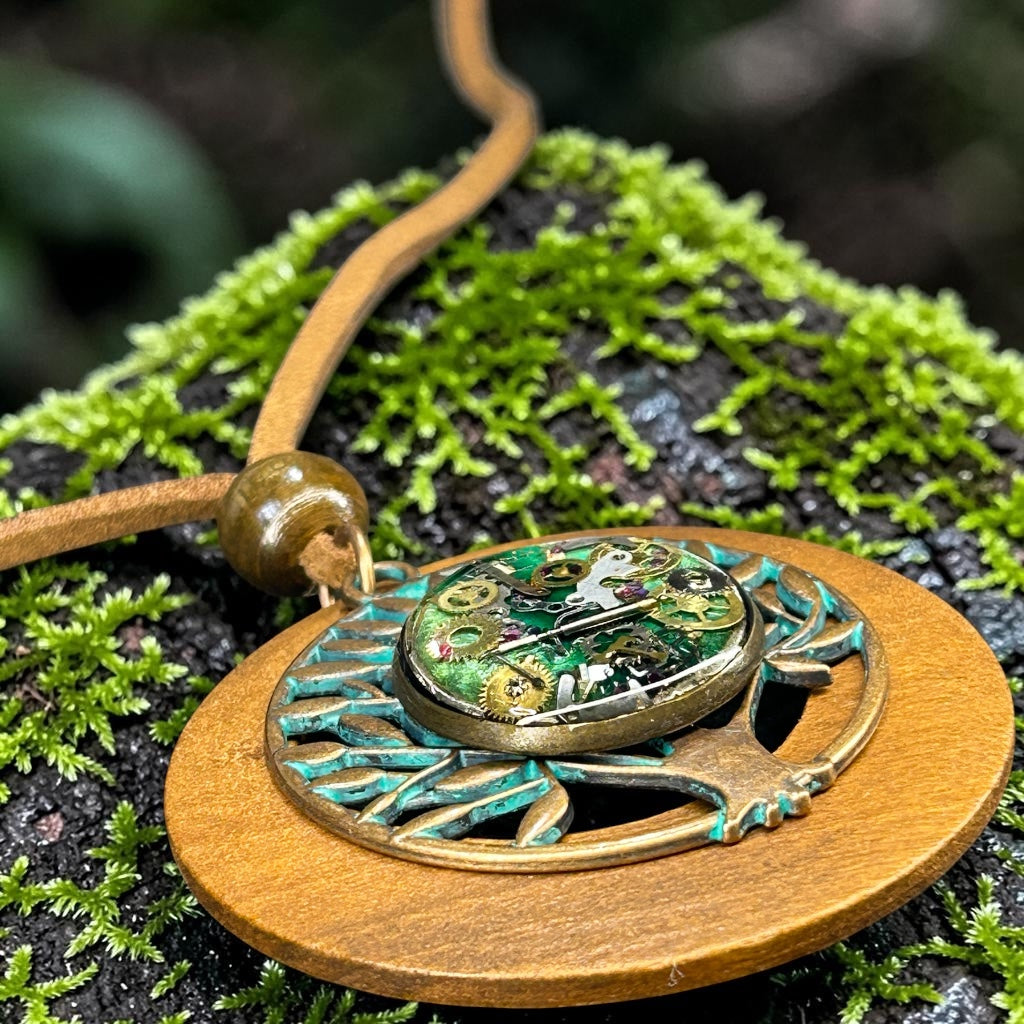 Steampunk watch parts tree of Life pendant with wood/leather