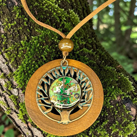 Steampunk watch parts tree of Life pendant with wood/leather