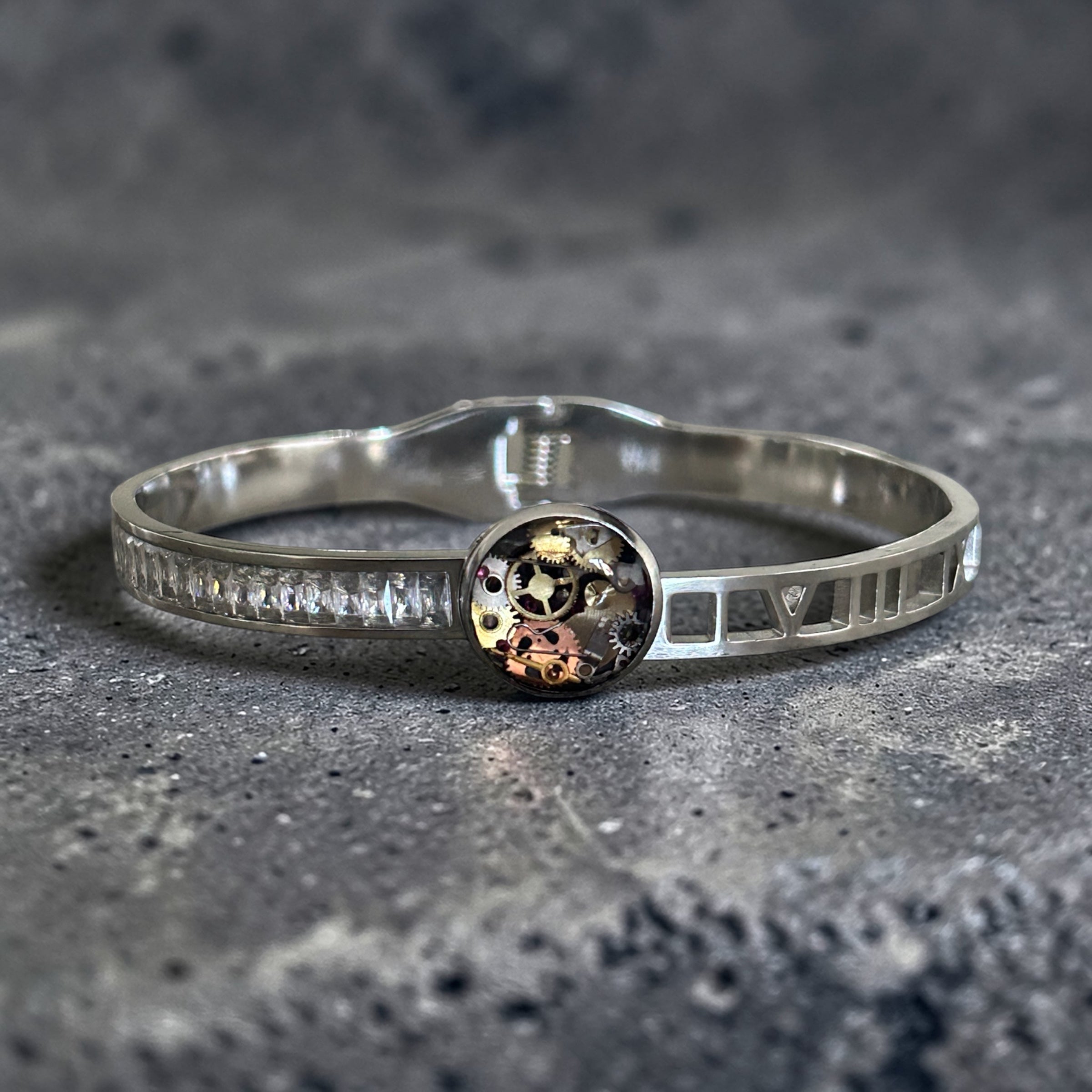 Steampunk watch parts hinged bangle