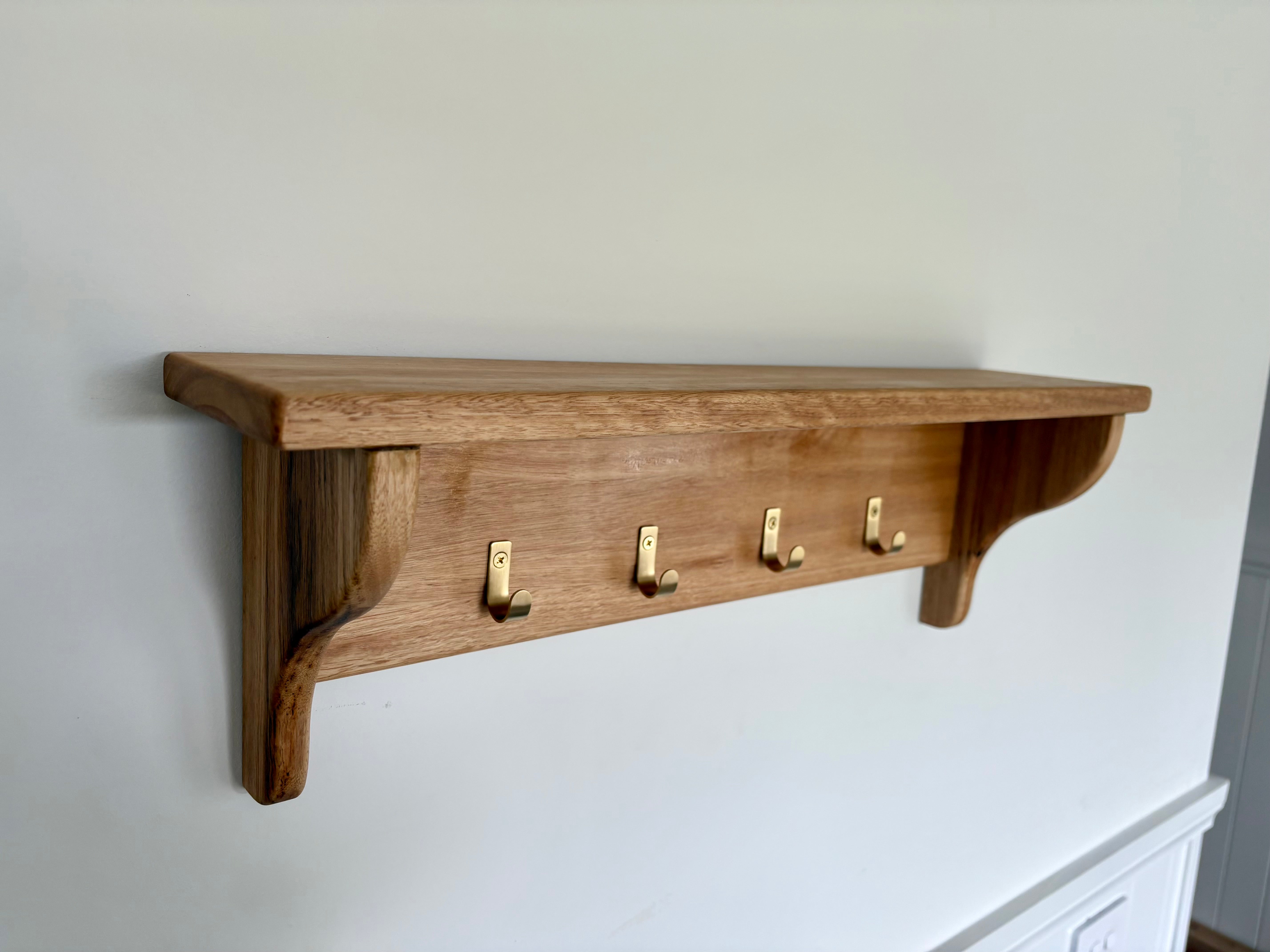 Blackbutt wall shelf with gold hooks