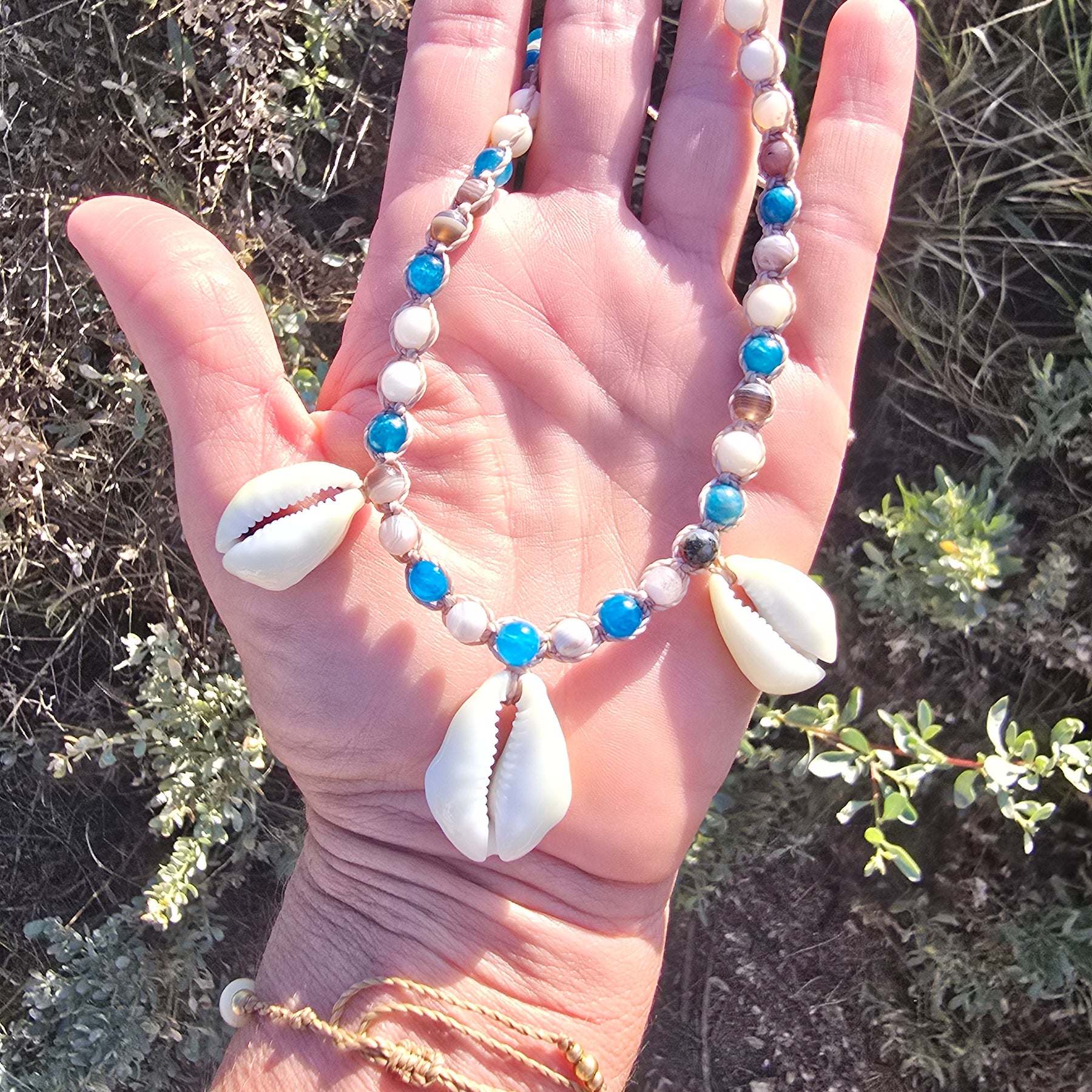 Cowrie Shell Macrame Necklace with Blue Apatite