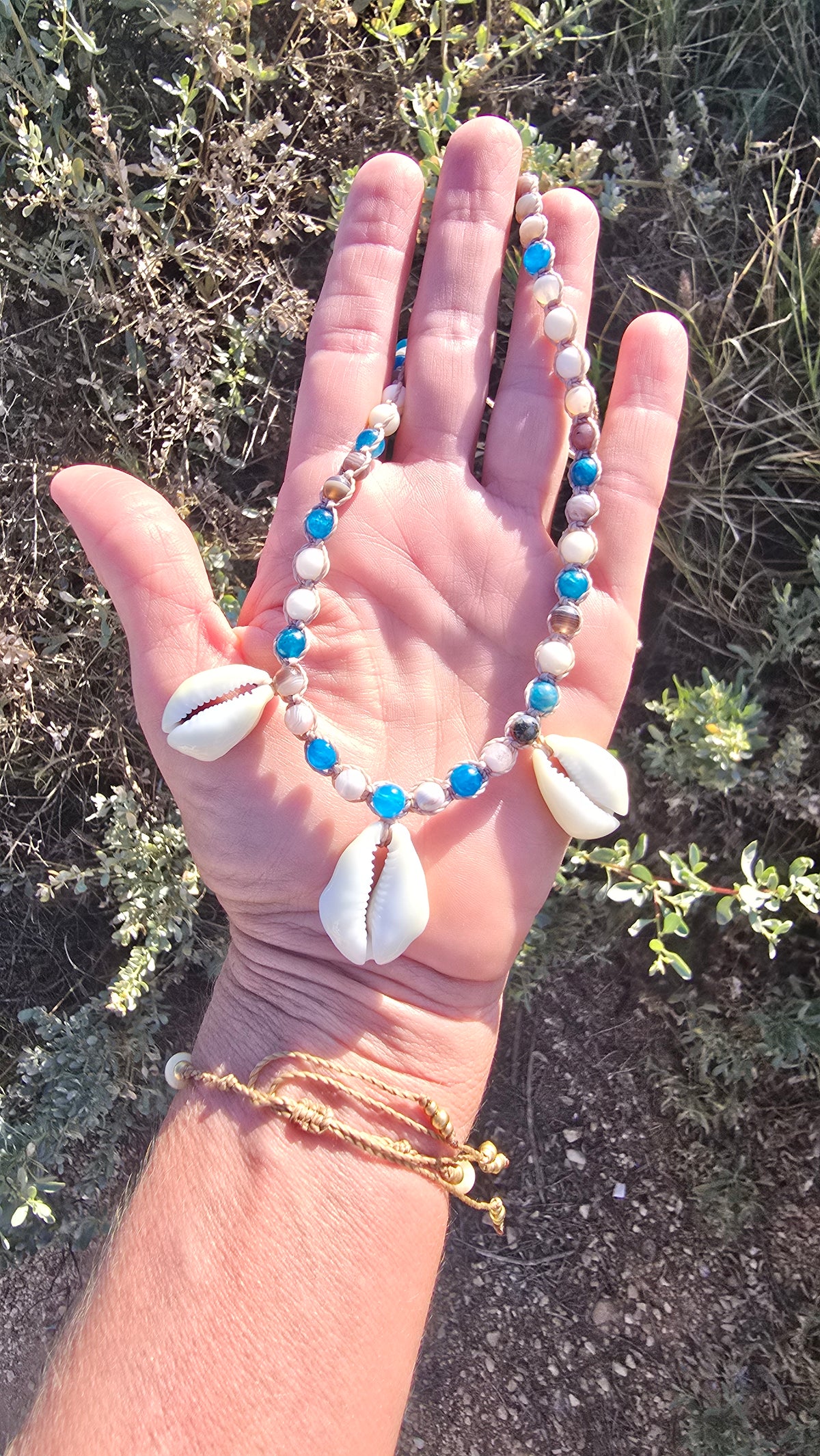 Cowrie Shell Macrame Necklace with Blue Apatite