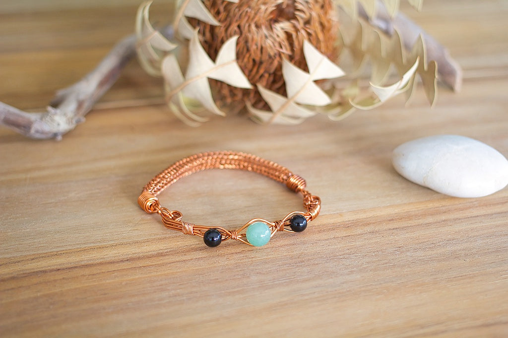 Copper Viking Wire Knitted Gemstone Bracelet  | Aventurine and Onyx Jewellery