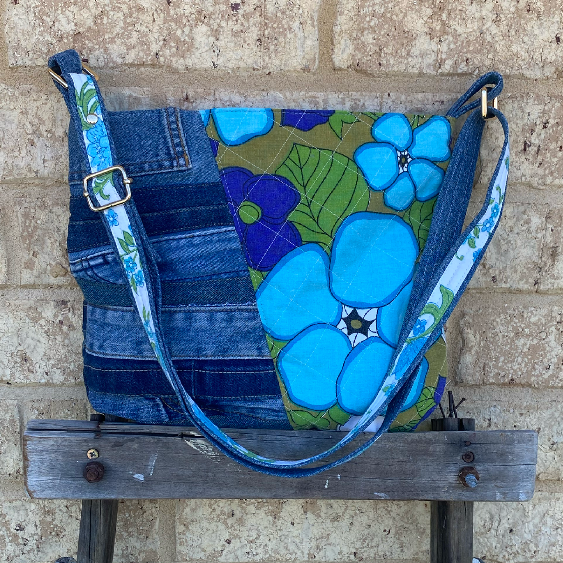 Handmade Shoulder Bag Upcycled Vintage Retro - Blue Bloom