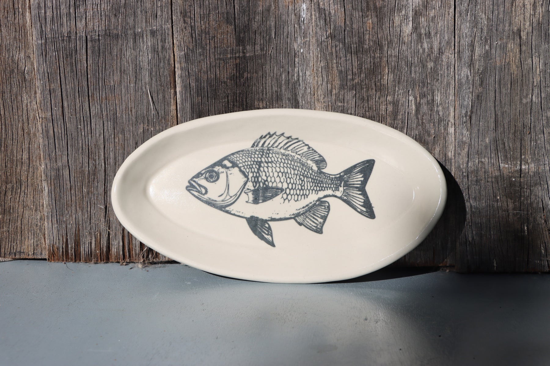 Hand Screen Printed Stoneware Plate:  Fish Design, Yellow and Black, or Black on White, Clear Glaze